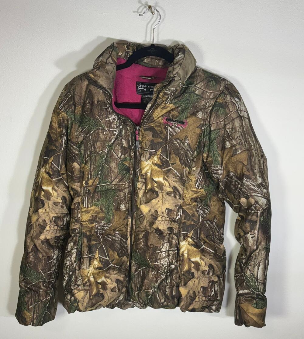 Realtree Camo Hooded Puffer Jacket Pink Fleece Lined Women's Small Hunting